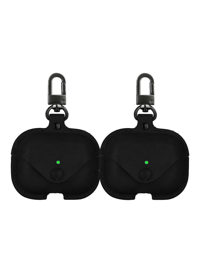 YOMNA - YOMNA Protective Leather Case Compatible with AirPods Pro 2 Case, Wireless Charging Case Headphones EarPods, Soft Leather Cover with Carabiner Clip (Black/Black) - (Set of 2) - Image 1