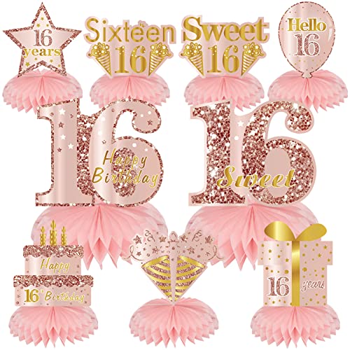 Turypaty Sweet 16 Birthday Honeycomb Centerpieces Decorations for Girls 9Pcs Pink Rose Gold 16th Birthday Table Centerpieces Party Supplies Sixteen Year Old Birthday Table Toppers Decor - Image 1