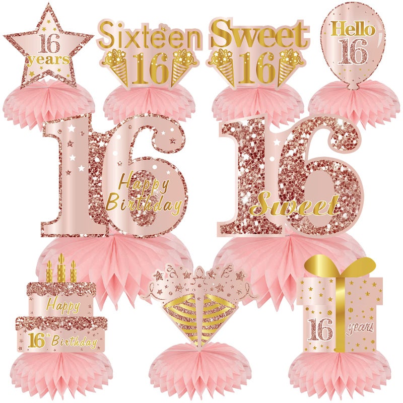 Turypaty Sweet 16 Birthday Honeycomb Centerpieces Decorations for Girls 9Pcs Pink Rose Gold 16th Birthday Table Centerpieces Party Supplies Sixteen Year Old Birthday Table Toppers Decor - Image 2