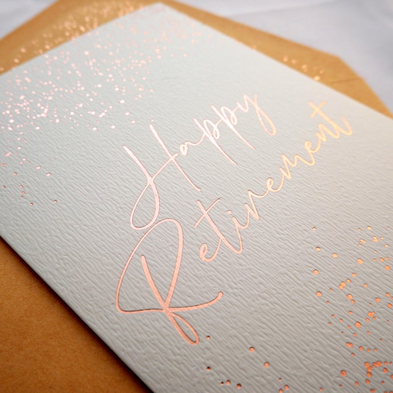 CHRIZ.Z Retirement Card - Single Happy Retirement Greeting Card on Grey Color Textured Paper with Rose Gold Foil Glitter Envelope - 5" x 7" - Blank Inside - Image 3