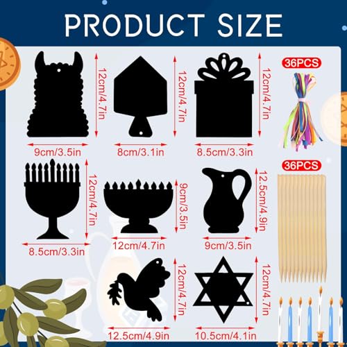 JULMELON Hanukkah Scratch Art 36 PCS Hanukkah Craft Kits for Kids Rainbow Magic Scratch Art Chanukah Hanging Ornaments Scratch Paper for Hanukkah Decorations Kids Party Games Toys Gifts - Image 5