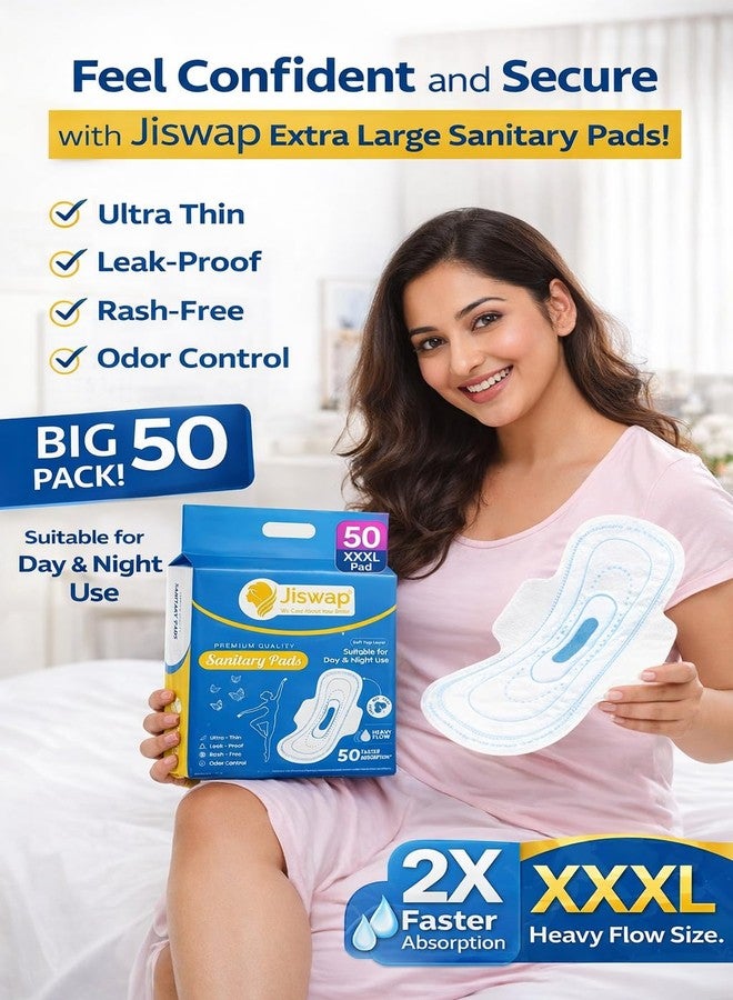 Jiswap Ultra Thin Rash-Free Sanitary Pads for Women (Pack of 50) | XXXL Sizes | Leak-Proof, 2X Fast Absorption, Odor Control | Heavy Flow & Overnight Protection - Image 4