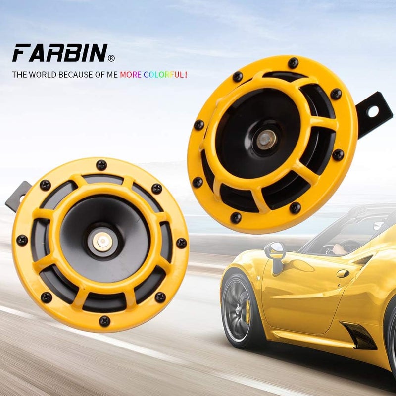 FARBIN Car Horn Loud 12V High Tone/Low Tone Horn Super Loud Train Horns for Car Truck Metal Twin Horns Kit with Protective Grill (yellow) - Image 2