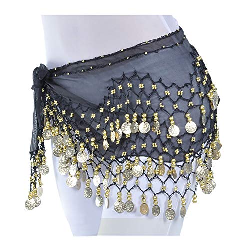 Lauthen.S 128 Coins Belly Dance Hip Scarf Tribal Belt Halloween Genie Costume Accessory Black - Image 2
