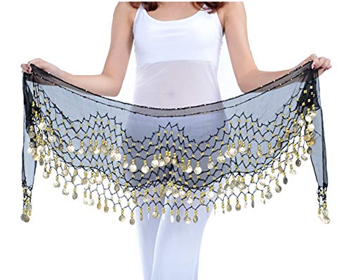 Lauthen.S 128 Coins Belly Dance Hip Scarf Tribal Belt Halloween Genie Costume Accessory Black - Image 3