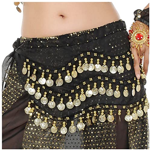 Lauthen.S 128 Coins Belly Dance Hip Scarf Tribal Belt Halloween Genie Costume Accessory Black - Image 1
