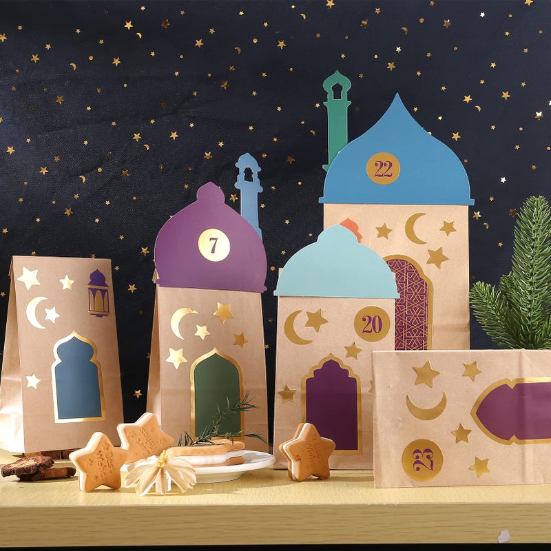 KESOTE 30CT Eid Mubarak Gift Bags Treat Bags with Moon & Star Stickers, Ramadan Countdown Advent Calendar DIY Brown Paper Bags - Image 3