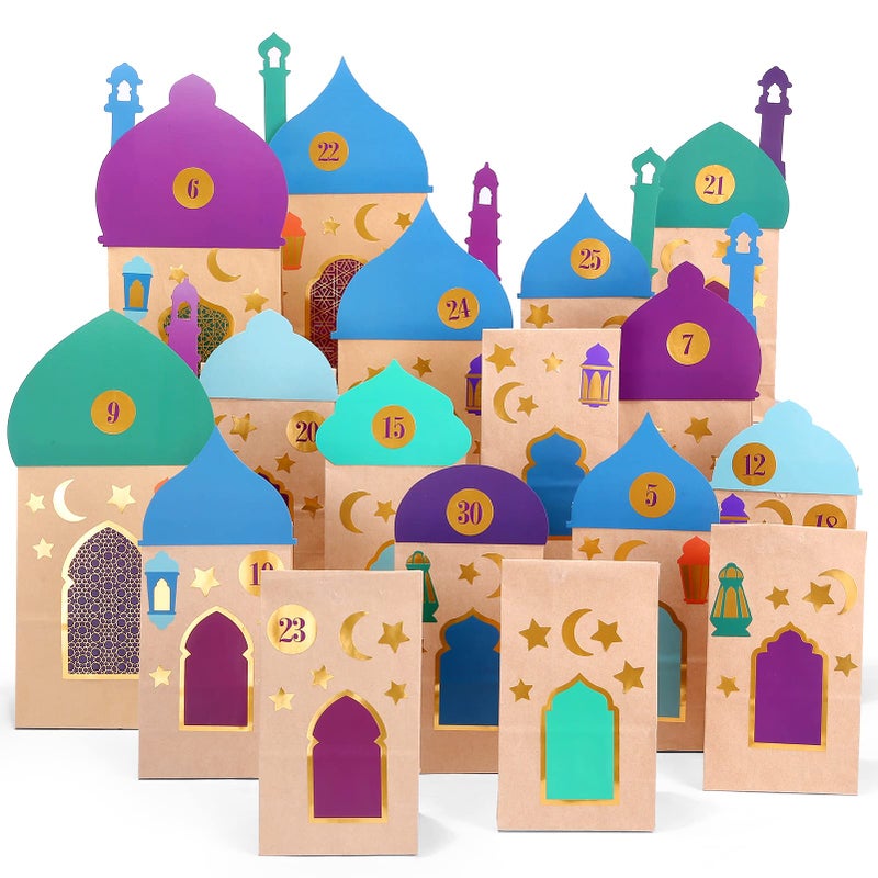 KESOTE 30CT Eid Mubarak Gift Bags Treat Bags with Moon & Star Stickers, Ramadan Countdown Advent Calendar DIY Brown Paper Bags - Image 1