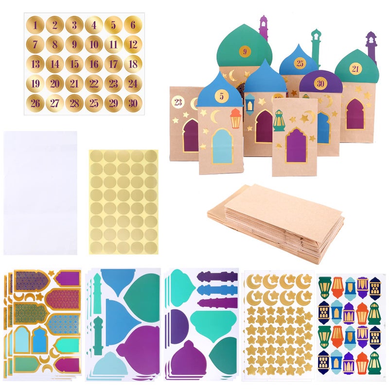 KESOTE 30CT Eid Mubarak Gift Bags Treat Bags with Moon & Star Stickers, Ramadan Countdown Advent Calendar DIY Brown Paper Bags - Image 2