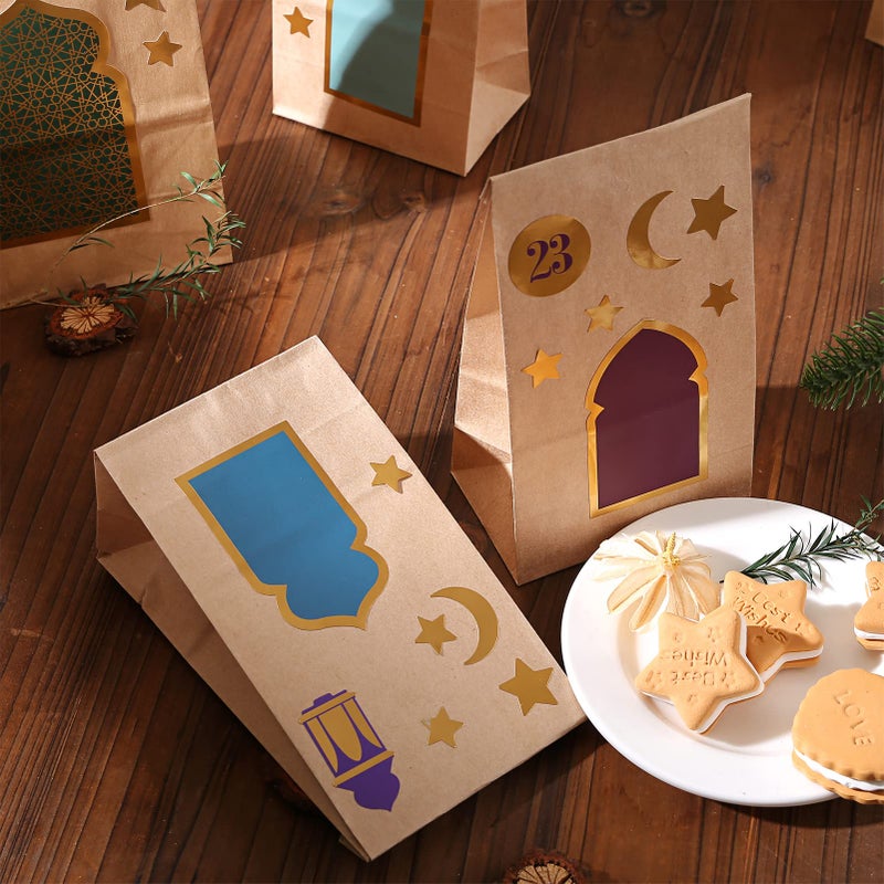 KESOTE 30CT Eid Mubarak Gift Bags Treat Bags with Moon & Star Stickers, Ramadan Countdown Advent Calendar DIY Brown Paper Bags - Image 5