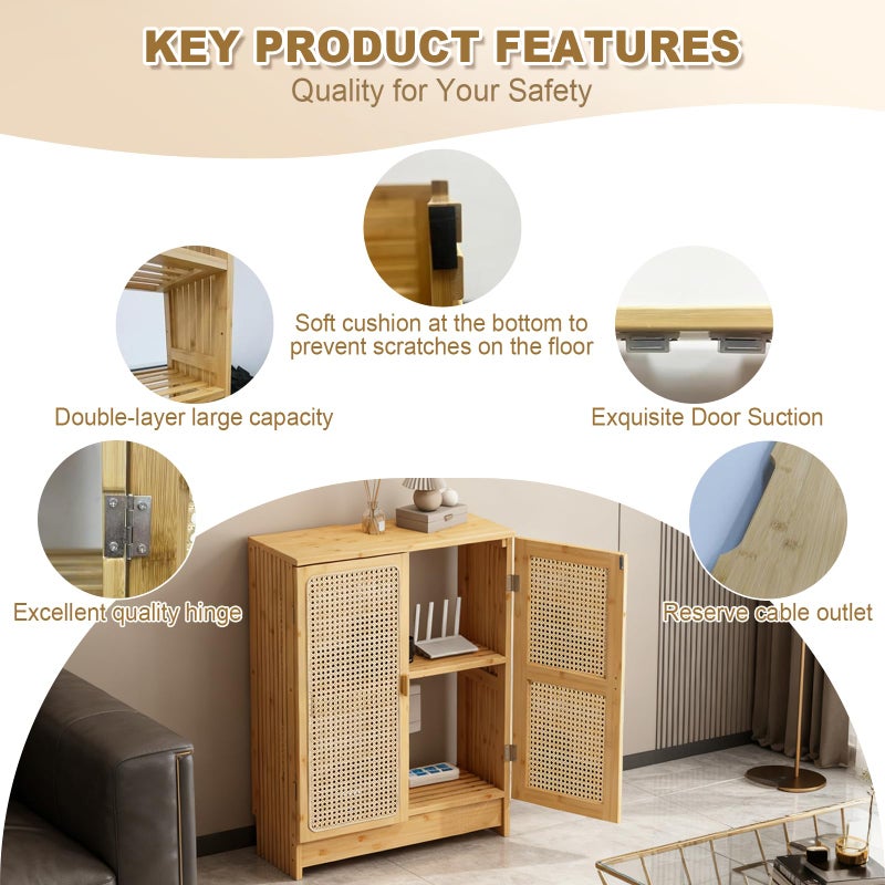 Jueraori WiFi Router Storage Cabinet with Adjustable Shelves, 2-Tier Bamboo Rattan Standing Modem Organizer Box for Home & Office, No Back Panel, 27.6" x 19.7" x 9.8" - Image 4