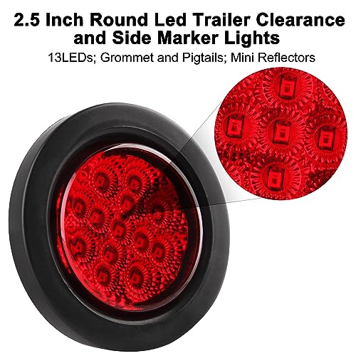 Konrali 2.5" Round LED Marker Lights 13 LEDs w/Reflectors, 5 Amber + 5 Red 2 1/2" Round LED Trailer Truck RV Side Clearance Marker Lights Sealed Flush Grommets Mount with 2 Prong Wire Pigtails - Image 2