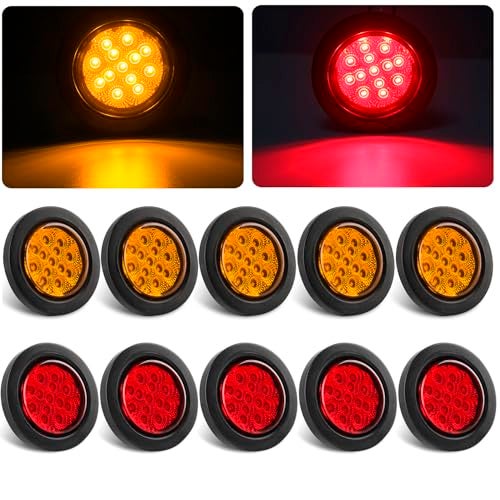 Konrali 2.5" Round LED Marker Lights 13 LEDs w/Reflectors, 5 Amber + 5 Red 2 1/2" Round LED Trailer Truck RV Side Clearance Marker Lights Sealed Flush Grommets Mount with 2 Prong Wire Pigtails - Image 1