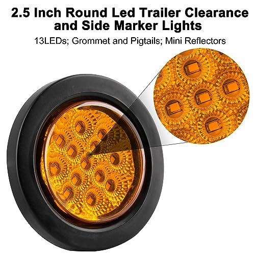 Konrali 2.5" Round LED Marker Lights 13 LEDs w/Reflectors, 5 Amber + 5 Red 2 1/2" Round LED Trailer Truck RV Side Clearance Marker Lights Sealed Flush Grommets Mount with 2 Prong Wire Pigtails - Image 4
