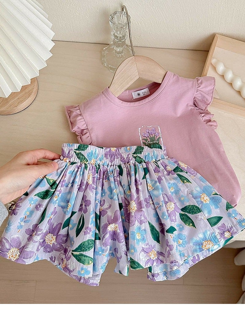 Loquat Girls Printed Shorts Set Sleeveless Ruffled T-shirt And Loose Shorts Summer Casual Set  - Image 2
