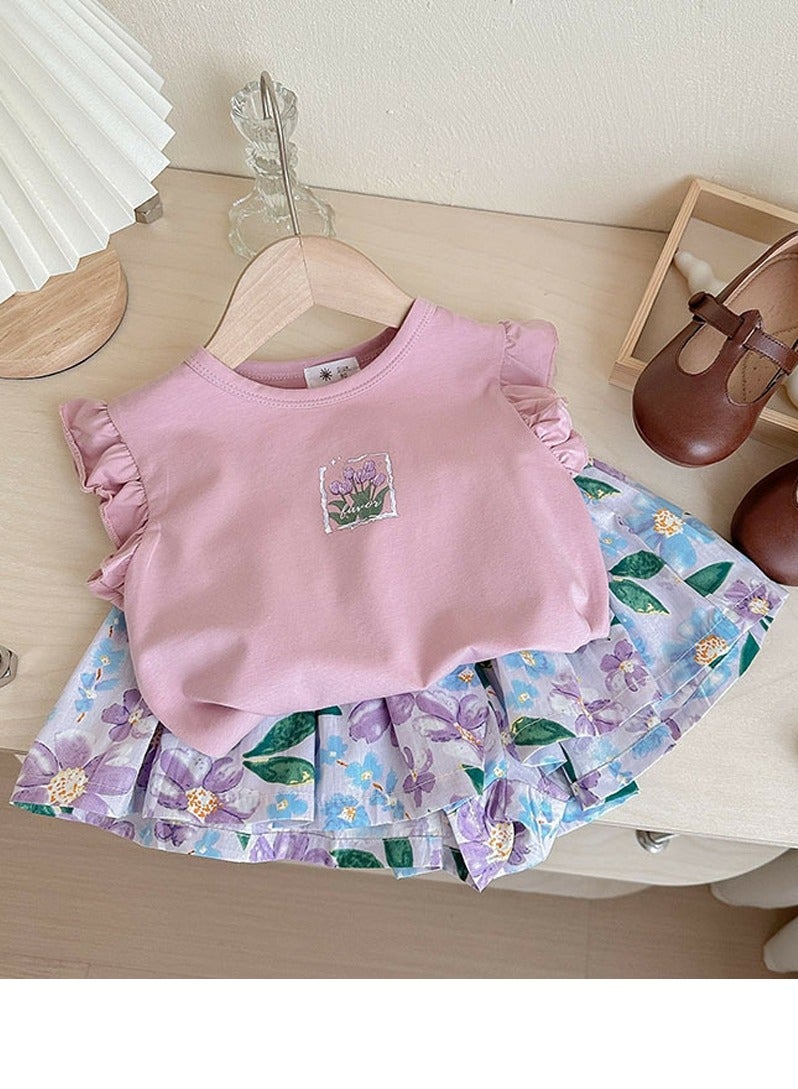 Loquat Girls Printed Shorts Set Sleeveless Ruffled T-shirt And Loose Shorts Summer Casual Set  - Image 1