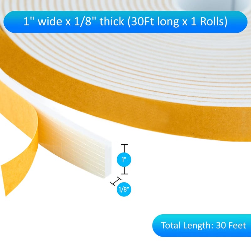 Dualplex High Density Foam Weather Stripping Door Seal Strip Insulation Tape Roll for Insulating Door Frame, Window, Air Conditioner | Self Adhesive Sealing Weatherstrip (White, 1 in x 1/8 in x 30 Ft) - Image 2
