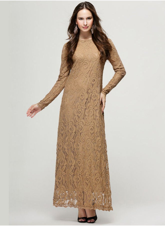 NIBEMINENT - Embroidered Net Long Sleeve Dress Brown - Image 1