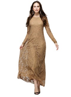 Embroidered Net Long Sleeve Dress Brown