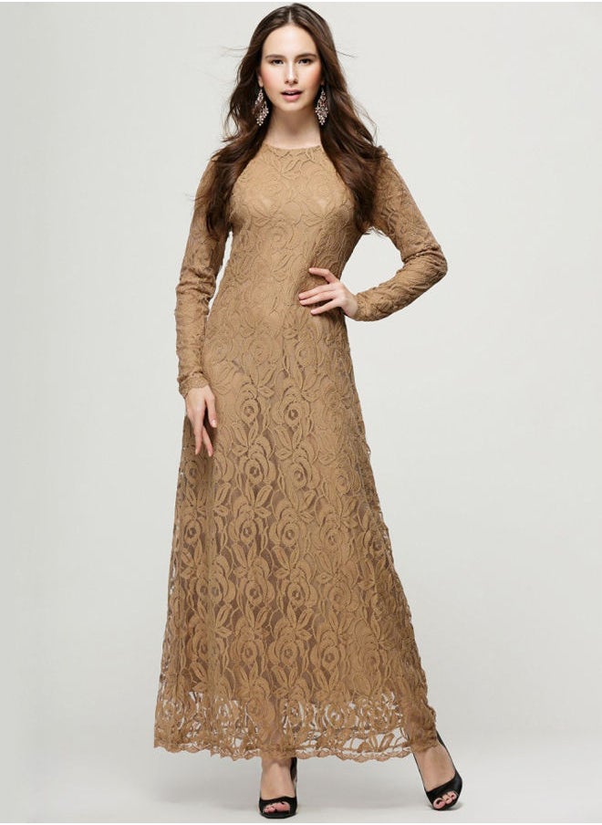 NIBEMINENT - Embroidered Net Long Sleeve Dress Brown - Image 1