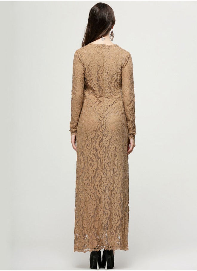 NIBEMINENT - Embroidered Net Long Sleeve Dress Brown - Image 1