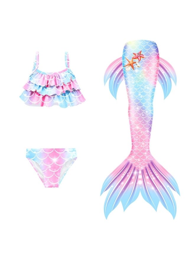GGEROU Children's Mermaid Swimwear Girls' Colorful Mermaid Tail Three Piece Swimwear Set - Image 1