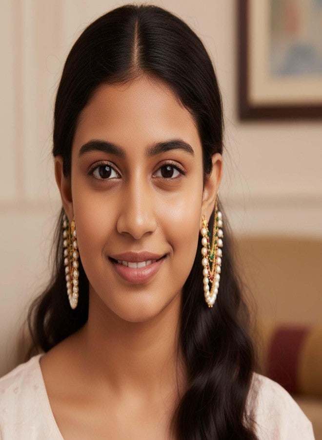 Ervio Champaswaralu Style Pearl Hair Chain Jhumka Earrings for Women & Girls | 3 Layer Ear Chain for Bridal Look | Gold Plated Kanoti with Moti | South Indian Traditional Jewellery - Image 4