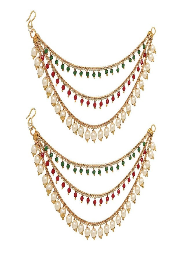Ervio Champaswaralu Style Pearl Hair Chain Jhumka Earrings for Women & Girls | 3 Layer Ear Chain for Bridal Look | Gold Plated Kanoti with Moti | South Indian Traditional Jewellery - Image 1