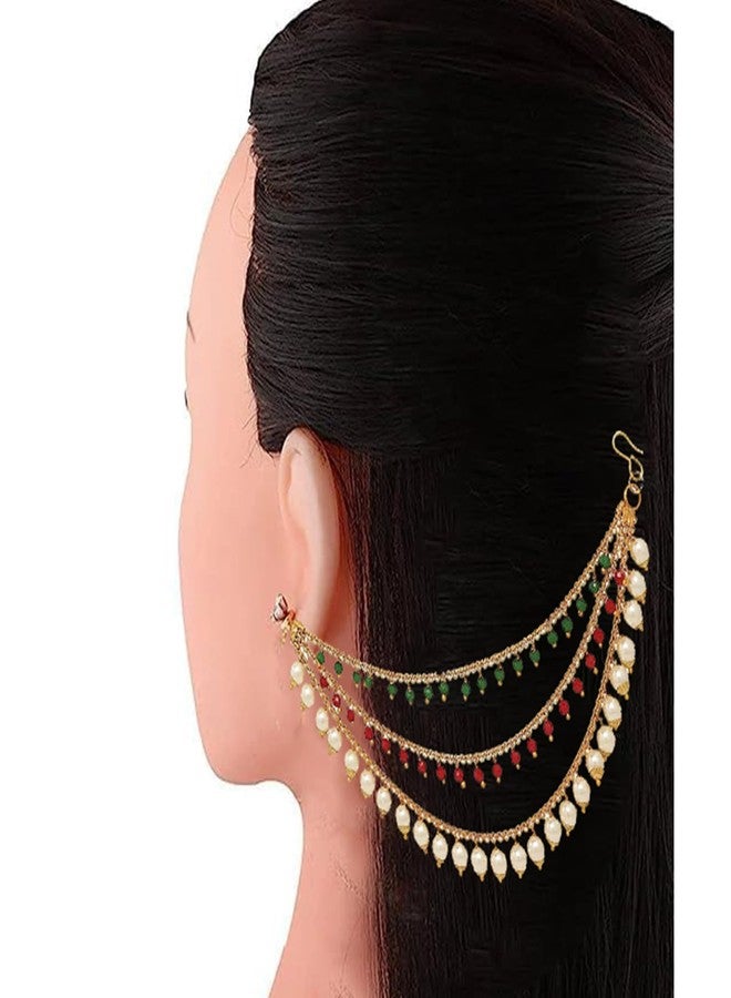 Ervio Champaswaralu Style Pearl Hair Chain Jhumka Earrings for Women & Girls | 3 Layer Ear Chain for Bridal Look | Gold Plated Kanoti with Moti | South Indian Traditional Jewellery - Image 5