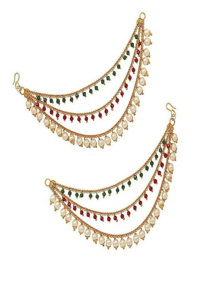 Ervio Champaswaralu Style Pearl Hair Chain Jhumka Earrings for Women & Girls | 3 Layer Ear Chain for Bridal Look | Gold Plated Kanoti with Moti | South Indian Traditional Jewellery - Image 2