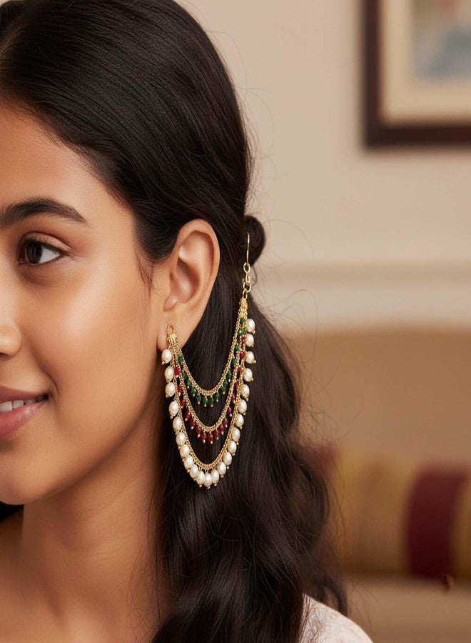 Ervio Champaswaralu Style Pearl Hair Chain Jhumka Earrings for Women & Girls | 3 Layer Ear Chain for Bridal Look | Gold Plated Kanoti with Moti | South Indian Traditional Jewellery - Image 3