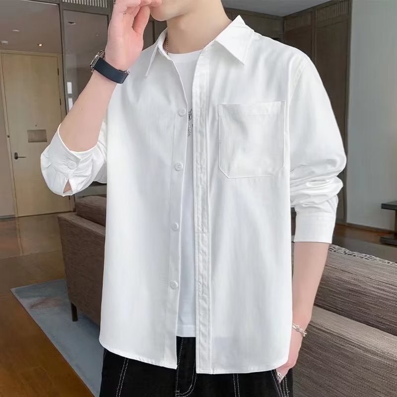 Workwear Coat Spring and Autumn Trendy Loose Casual Shirt Mens Casual Hong Kong Style Long Sleeve Shirt White  - Image 1