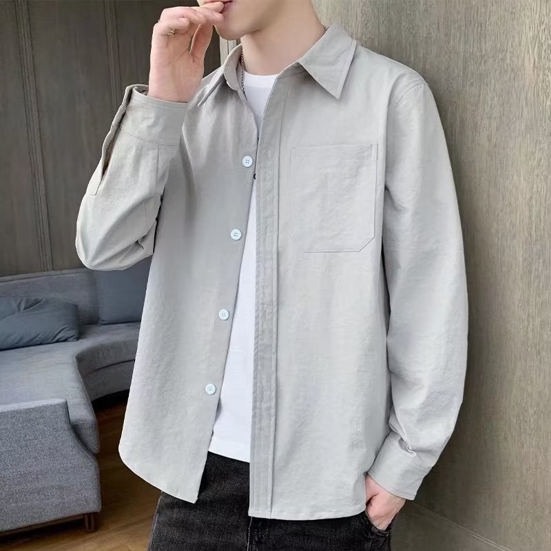 Workwear Coat Spring and Autumn Trendy Loose Casual Shirt Mens Casual Hong Kong Style Long Sleeve Shirt White  - Image 2