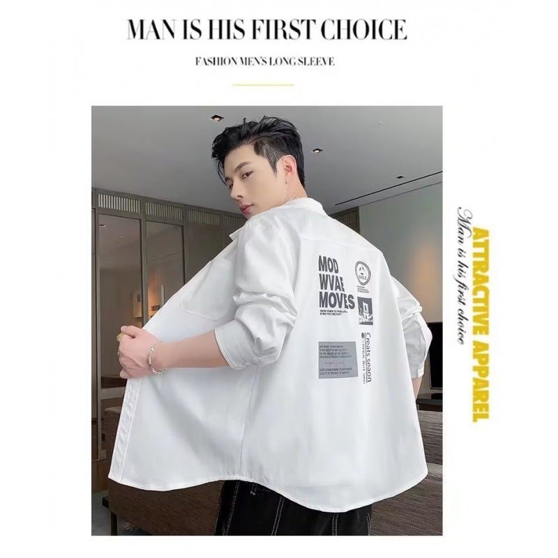 Workwear Coat Spring and Autumn Trendy Loose Casual Shirt Mens Casual Hong Kong Style Long Sleeve Shirt White  - Image 5