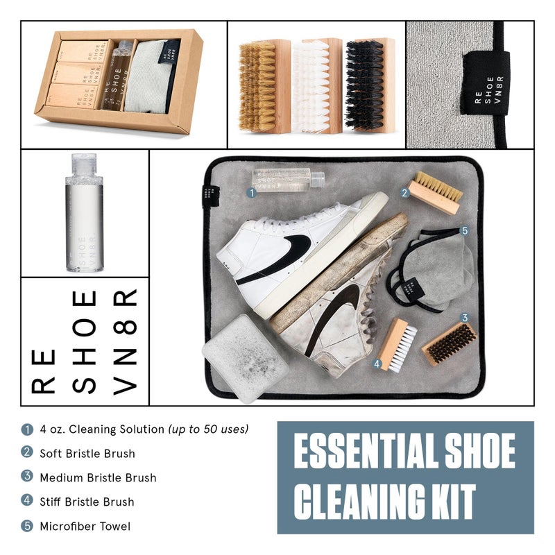 Reshoevn8r Shoe Cleaner Sneakers Kit, Essential Kit - White Sneaker Cleaner for Suede Canvas Leather Mesh Knit Nubuck Shoes - 4oz Cleaning Solution & Conditioner, 3 Brushes & Microfiber Towel - Image 2