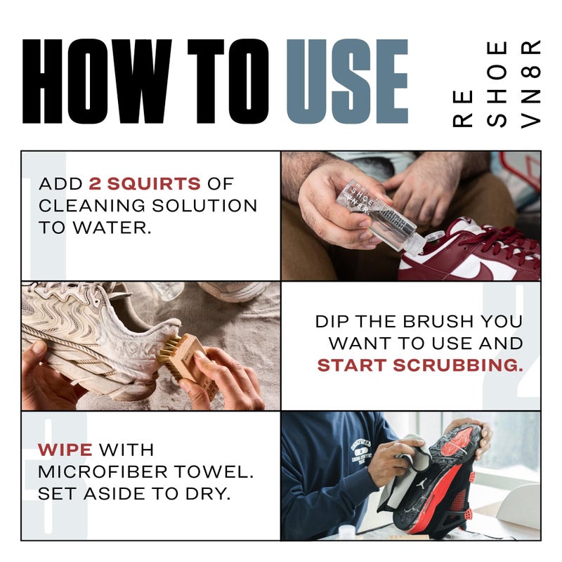 Reshoevn8r Shoe Cleaner Sneakers Kit, Essential Kit - White Sneaker Cleaner for Suede Canvas Leather Mesh Knit Nubuck Shoes - 4oz Cleaning Solution & Conditioner, 3 Brushes & Microfiber Towel - Image 4