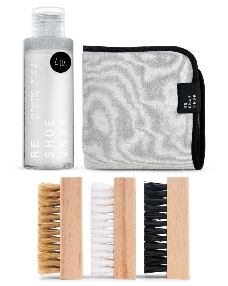 Reshoevn8r Shoe Cleaner Sneakers Kit, Essential Kit - White Sneaker Cleaner for Suede Canvas Leather Mesh Knit Nubuck Shoes - 4oz Cleaning Solution & Conditioner, 3 Brushes & Microfiber Towel - Image 1