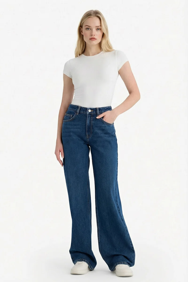 100% Cotton Straight Wide High Waist Long Jeans
