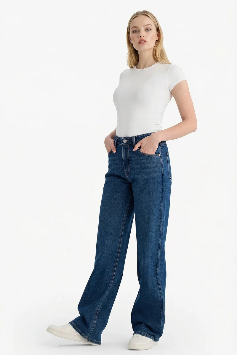 Defacto  100% Cotton Straight Wide High Waist Long Jeans for Women | Best Price UAE