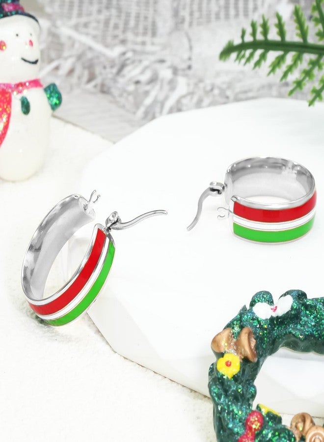 Nanafast Christmas Earrings Stainless Steel Christmas Hoop Earrings for Women Xmas Red Green Hoop Earrings-Silver Red&White&Green - Image 5
