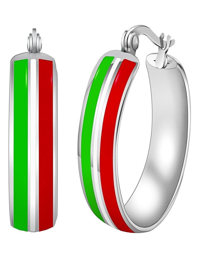 Nanafast Christmas Earrings Stainless Steel Christmas Hoop Earrings for Women Xmas Red Green Hoop Earrings-Silver Red&White&Green - Image 1