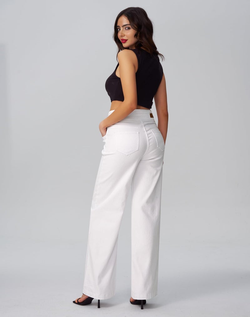 roswear Womenâ€™s Wide Leg Jeans Casual High Waisted Stretch Baggy Loose Denim Pants White Medium - Image 4