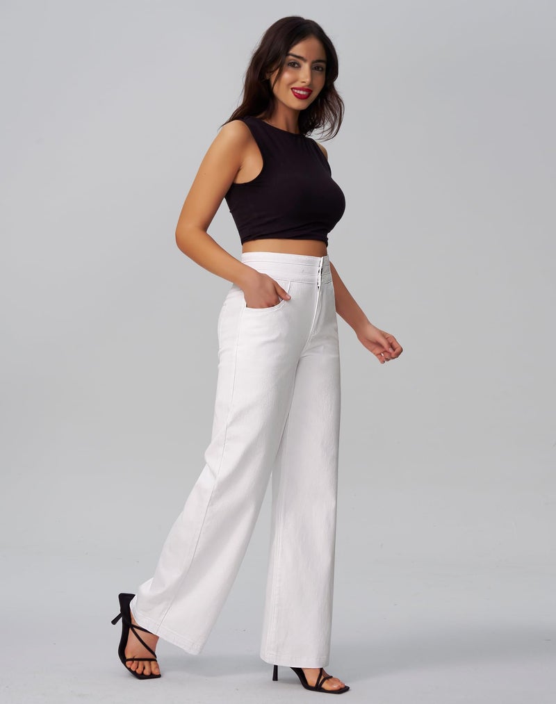 roswear Womenâ€™s Wide Leg Jeans Casual High Waisted Stretch Baggy Loose Denim Pants White Medium - Image 5