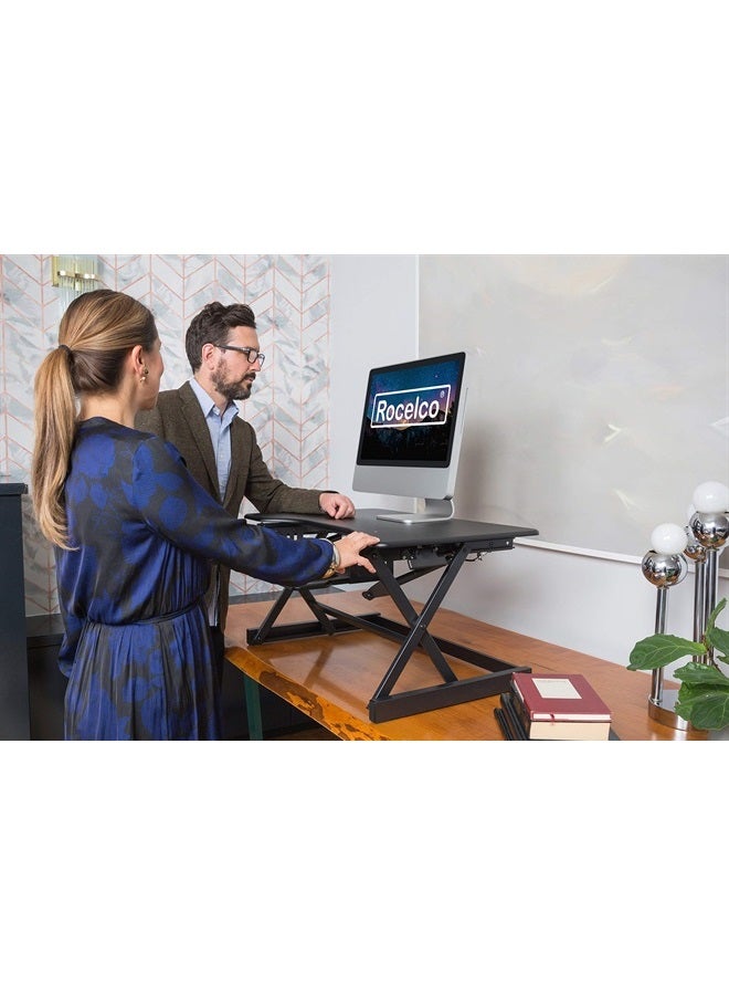 Rocelco 32" Height Adjustable Standing Desk Converter Bundle - Sit Stand Computer Workstation Riser with Anti Fatigue Mat - Dual Monitor Retractable Keyboard Tray Gas Spring - Black (R EADRB-MAFM)  - Image 5