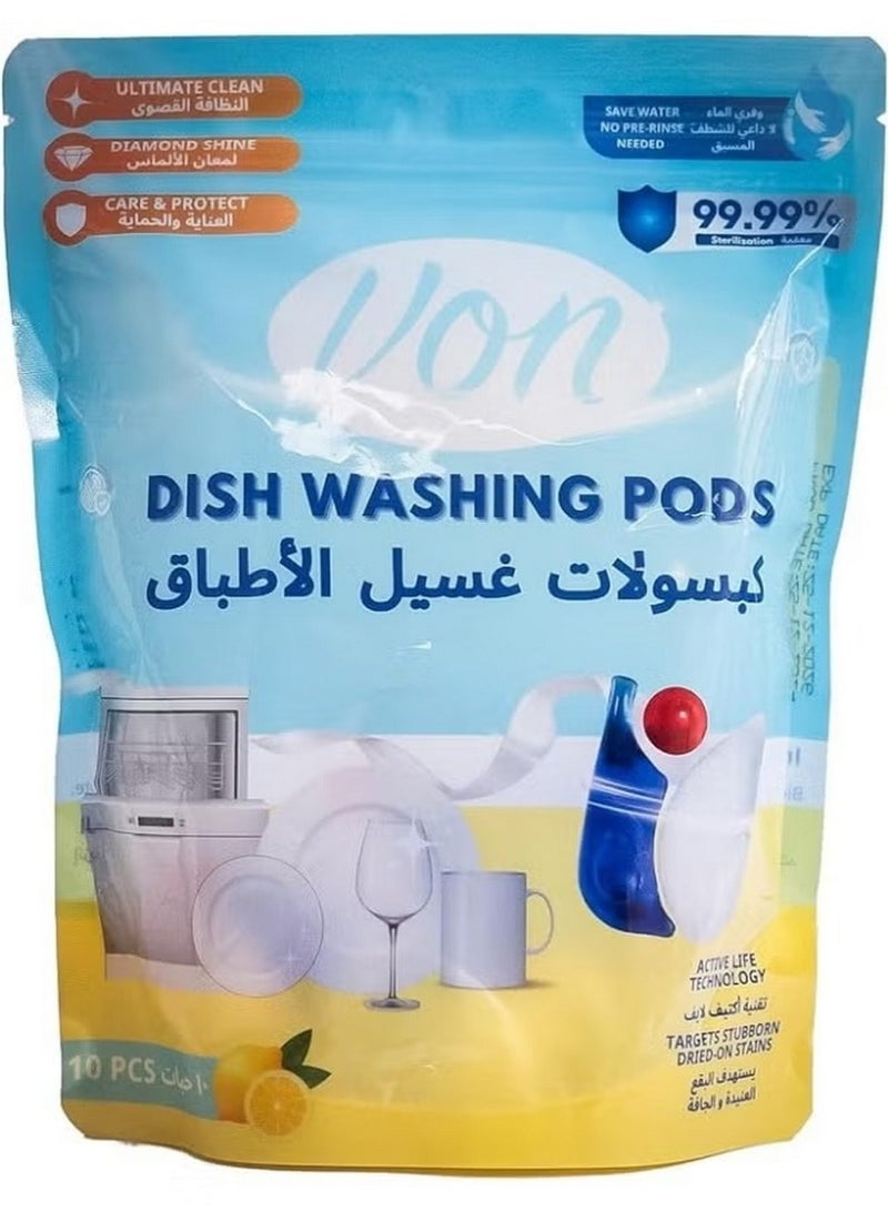 VON Dishwashing Pods Lemon Fragrance Deep Cleaning Power Spot Free Shine 10 Pcs Pack 135 G - Image 1