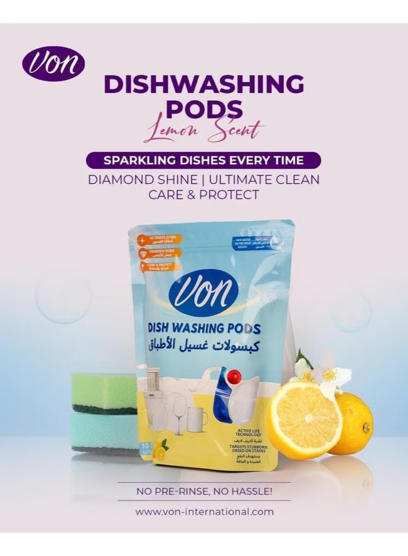 VON Dishwashing Pods Lemon Fragrance Deep Cleaning Power Spot Free Shine 10 Pcs Pack 135 G - Image 3