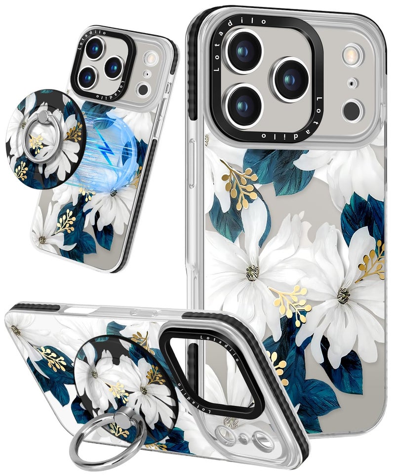 Lotadilo Case for iPhone 17 Pro Case Compatible with Magsafe Ring Holder Stand - for Women Blue Flower Design TPU Phone Cover for Girls Girly Funny Fashion - Image 1