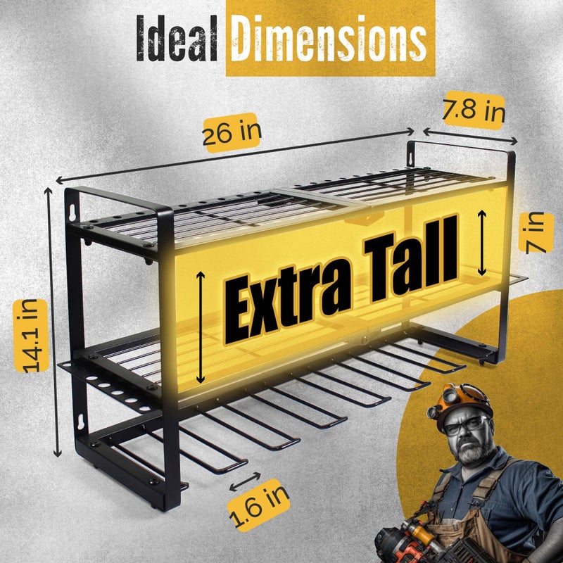 MAVIKS 3 Shelf 7 Drill Holder Power Tool Organizer Wall Mount, Tool Storage Rack for Garage, Pegboard, Workshop walls | Compatible for all type of Cordless Power tools Comes With J hooks for Cords - Image 2