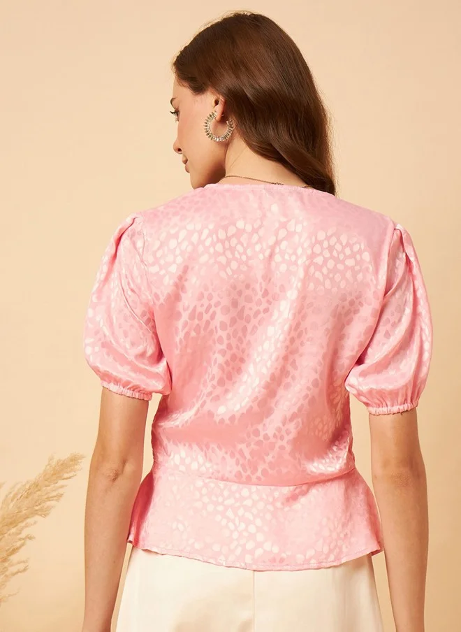 MINT STREET Pink Puff Sleeve V-Neck Peplum Top for Women