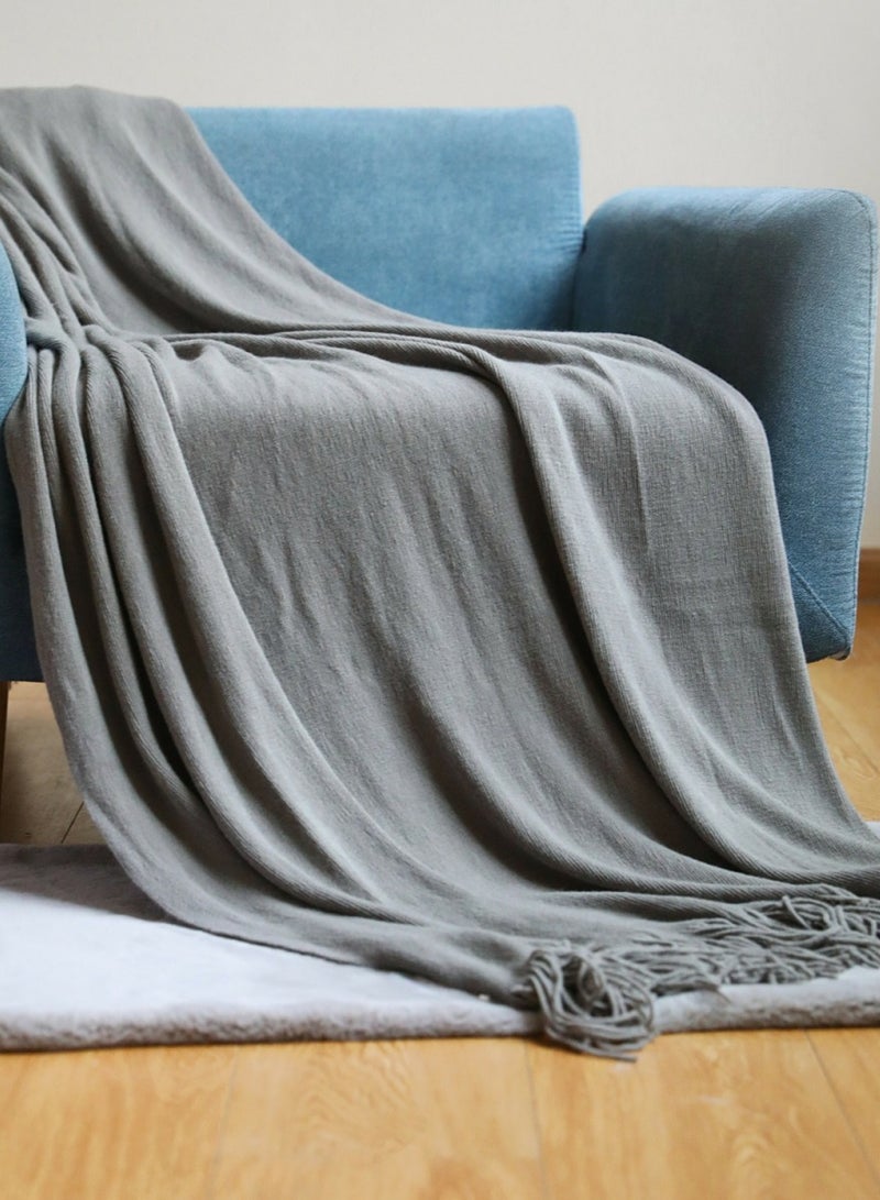 Loquat Solid Color Tassel Design Knitted Soft Throw Blanket Keep Warm Ash Grey  - Image 1